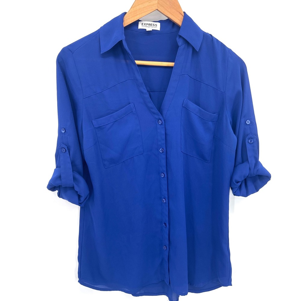 Express Portofino Womens Blouse Small Blue Roll Tab Sleeve Utility Shirt